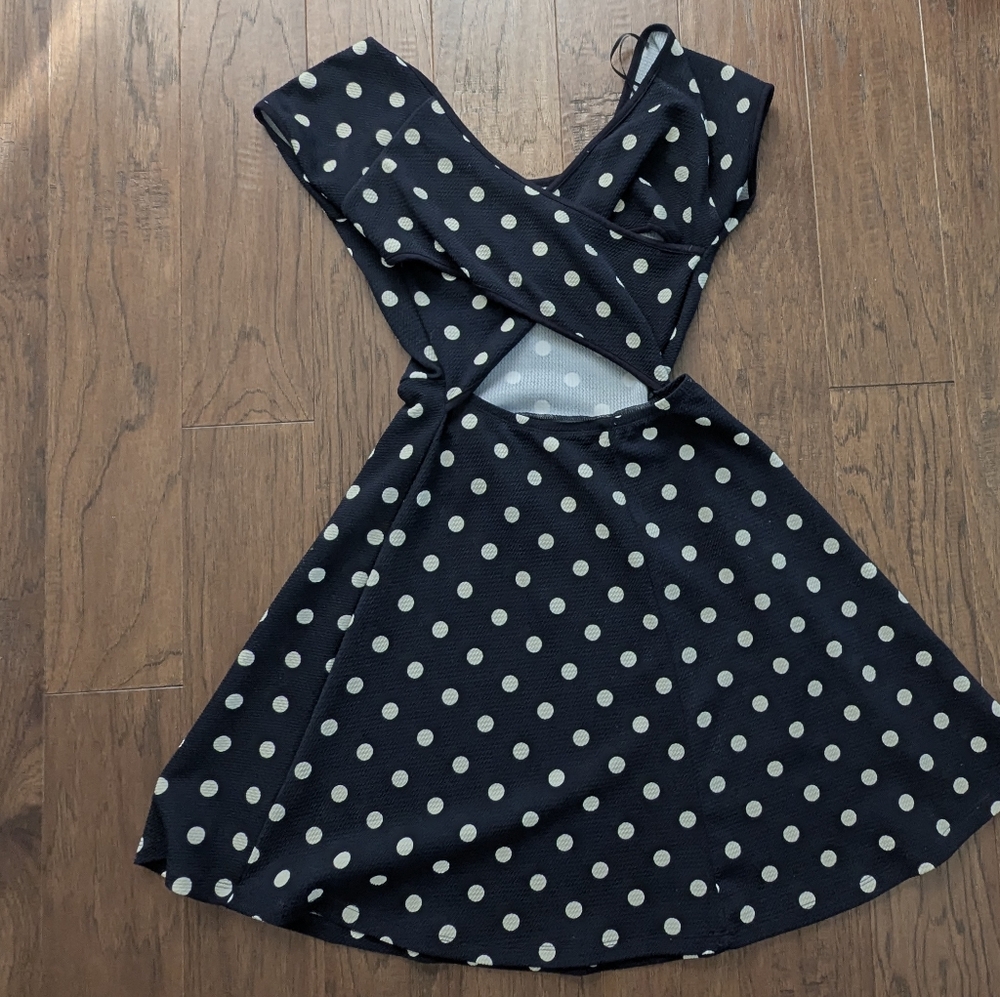 Polka Dot Cross Cutout Back Dress - Navy and White